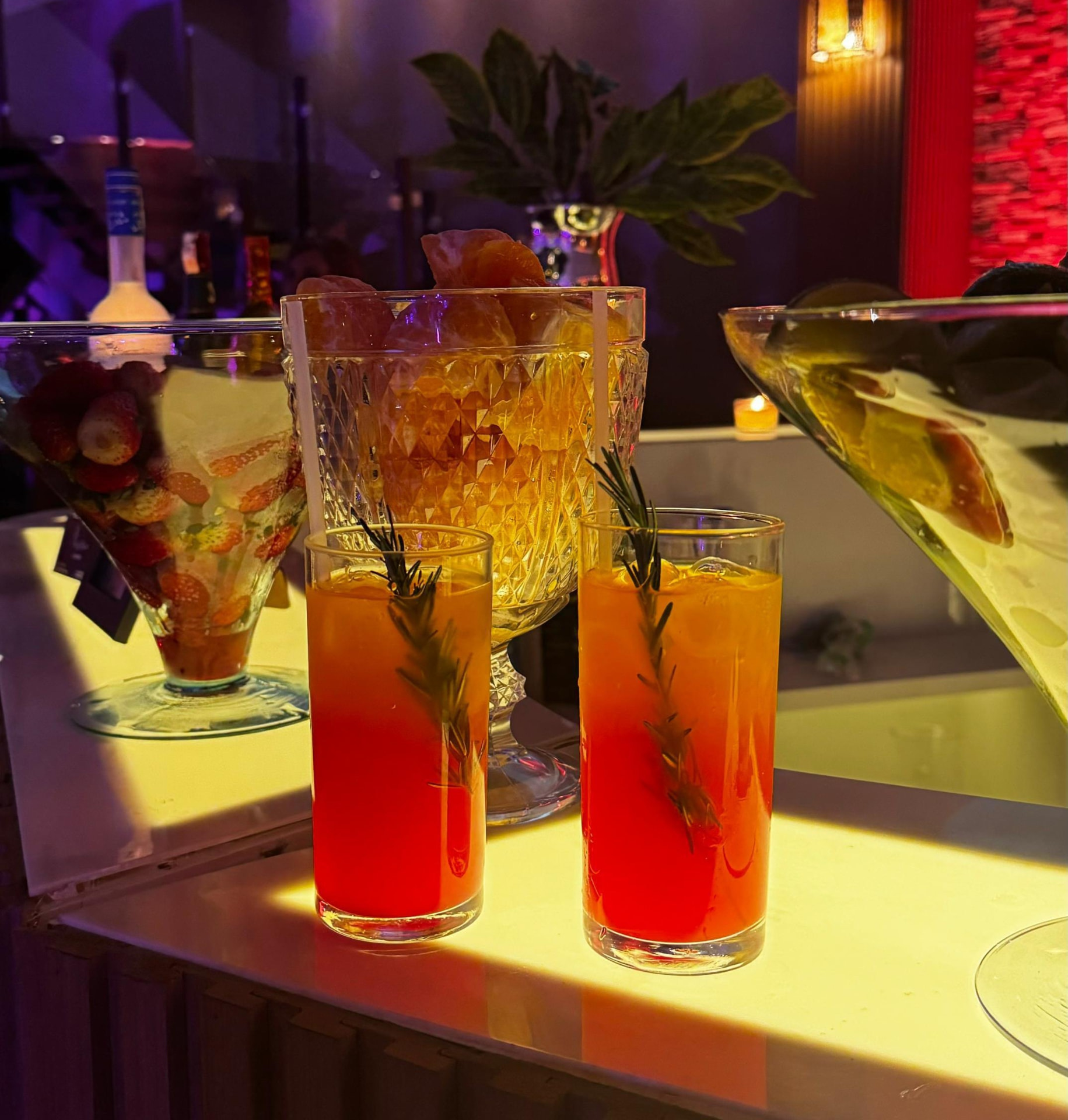 Drinks autorais servidos em balcão iluminado de evento